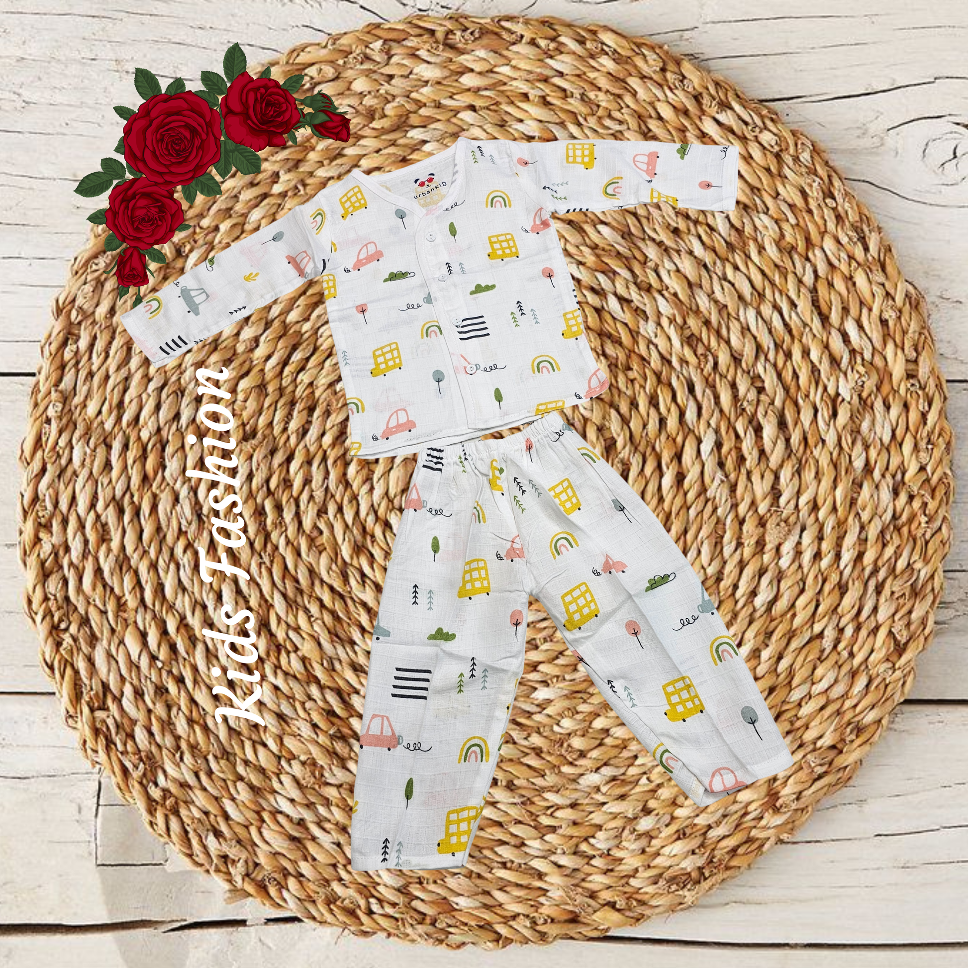 1–2 year baby muslin jabla full set with blue whale print, long sleeve button top and pant – Sri Thulir Tex