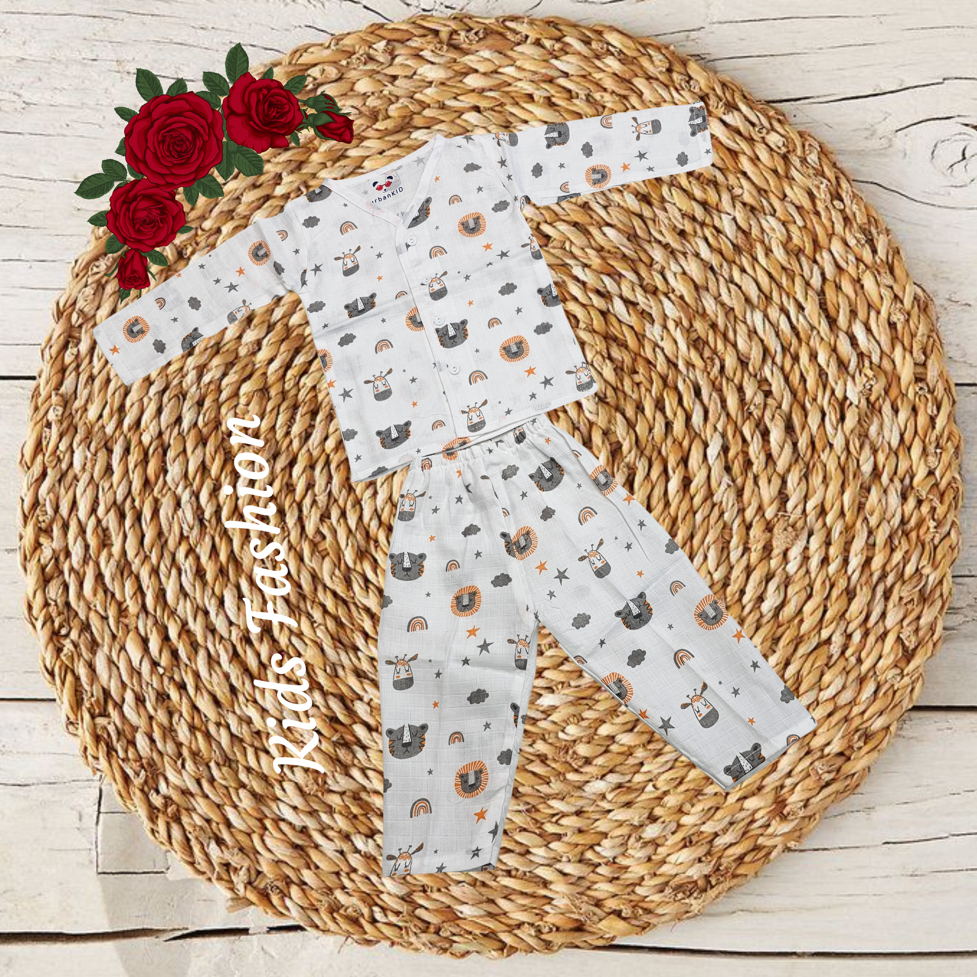 1–2 year baby muslin jabla full set with blue whale print, long sleeve button top and pant – Sri Thulir Tex