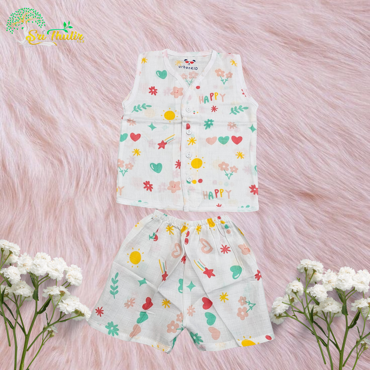 Baby Muslin Jabla Shirt & Shorts Set – Multi Printed | 6 Months to 1 Year | Sri Thulir Tex