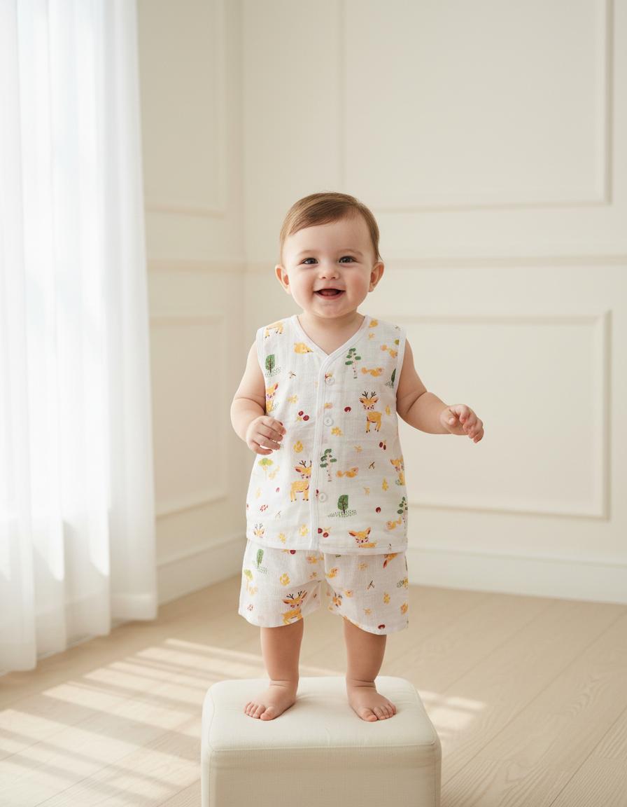 Smiling baby wearing a white multi printed muslin jabla shirt and shorts set, standing outdoors in a garden.