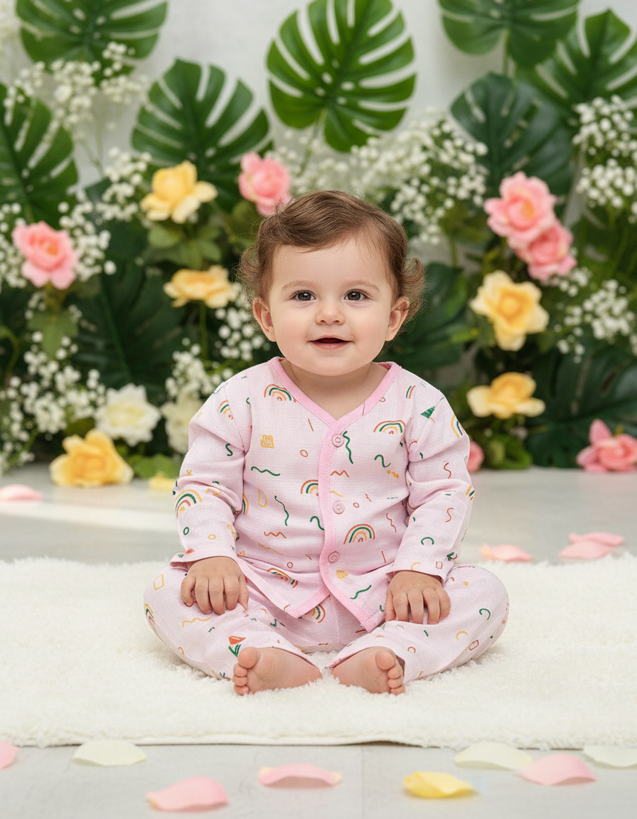 Muslin baby jabla full set for 1–2 year girls with pink butterfly print and button top – Sri Thulir Tex