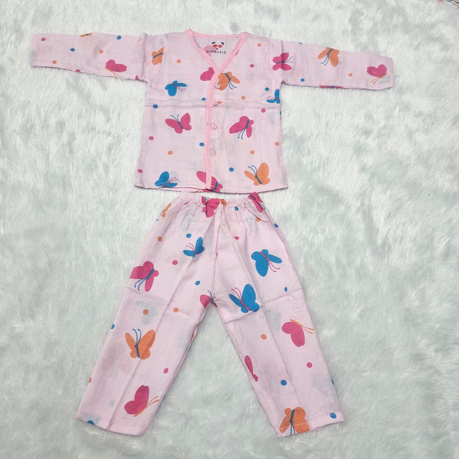 Muslin baby jabla full set for 1–2 year girls with pink butterfly print and button top – Sri Thulir Tex