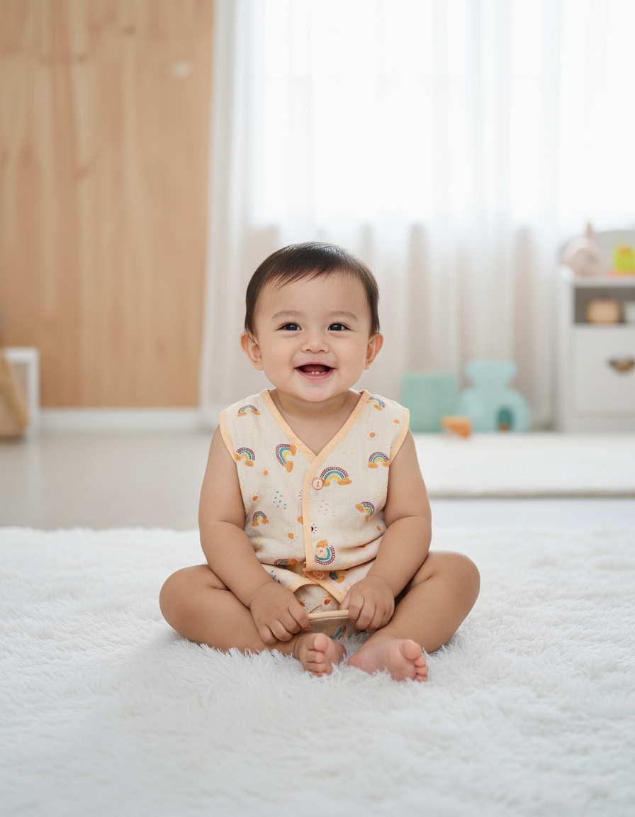 Pack of 3 muslin button-type jabla tops in pink, light blue, and peach with multi printed designs for babies.