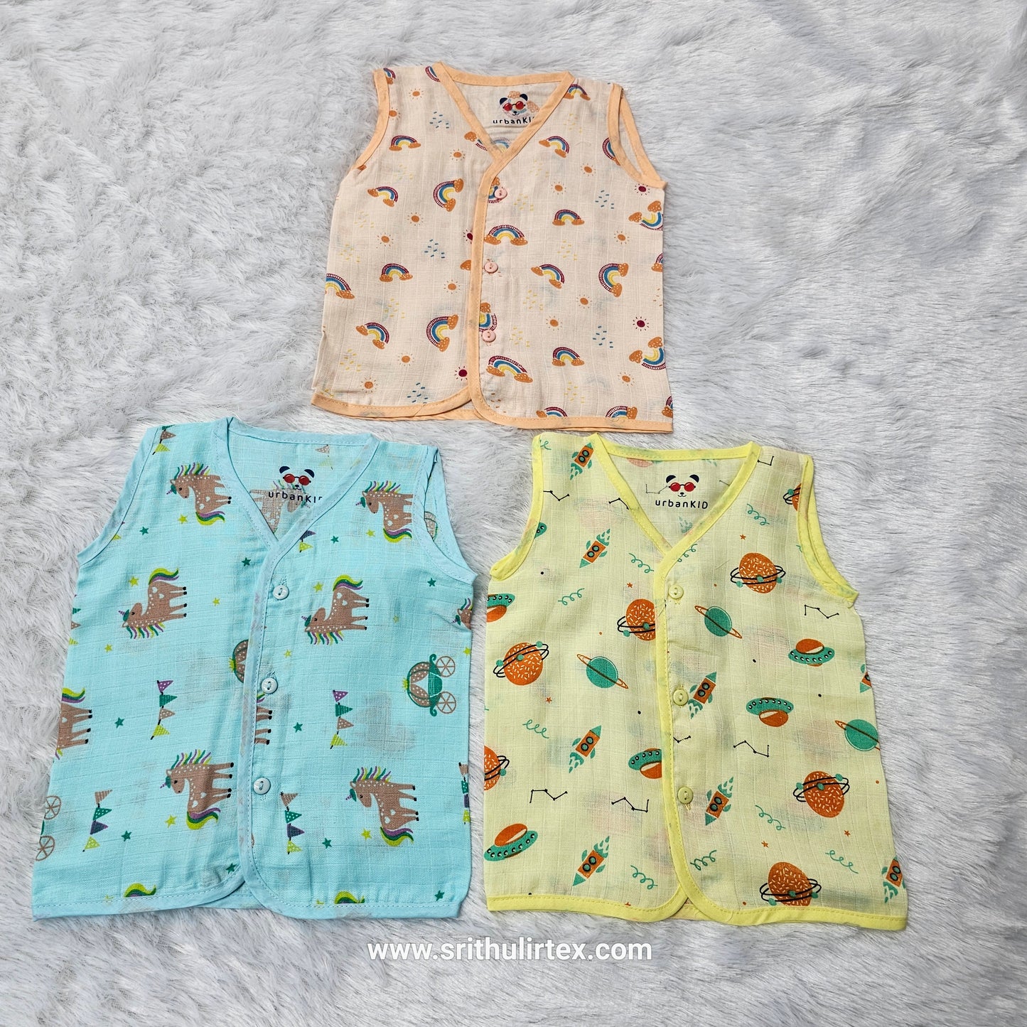 Baby Muslin Button Type Jabla – Multi Printed (Pack of 3) | 0–3M & 6–12M | Sri Thulir Tex