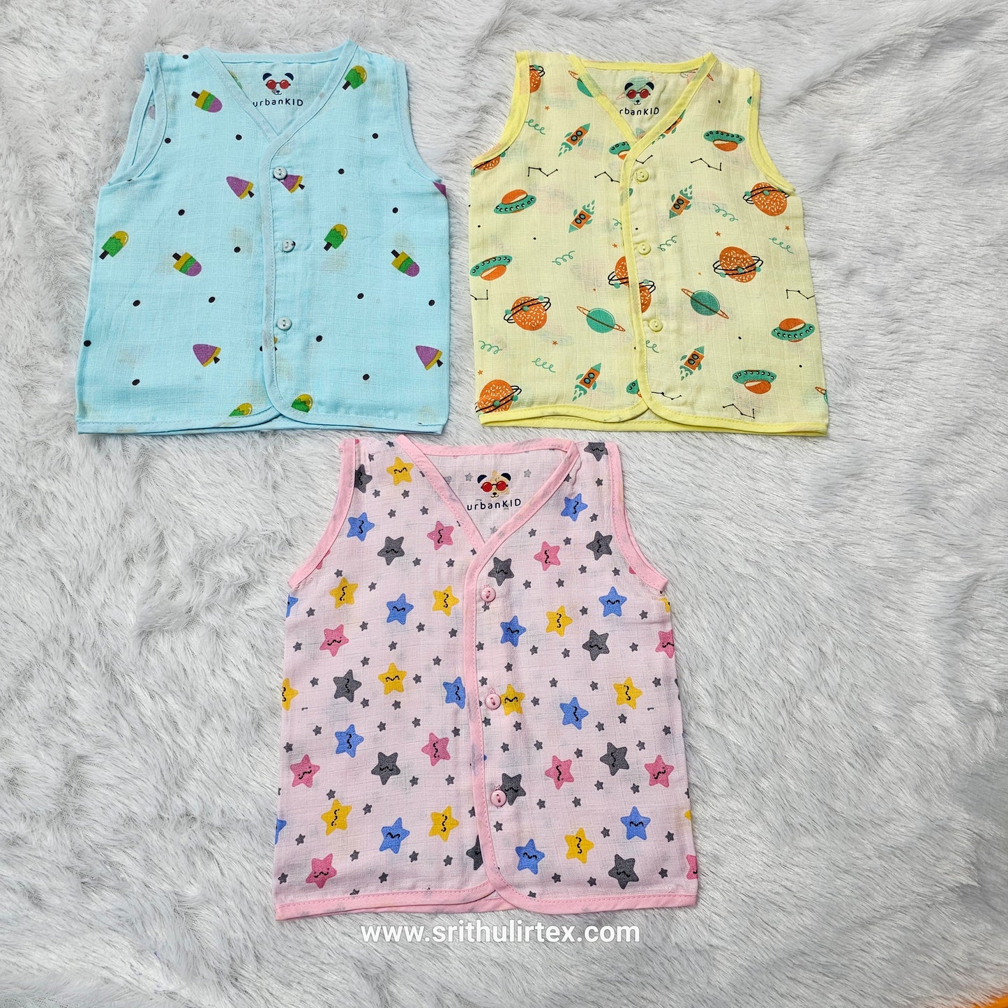 Baby Muslin Button Type Jabla – Multi Printed (Pack of 3) | 0–3M & 6–12M | Sri Thulir Tex