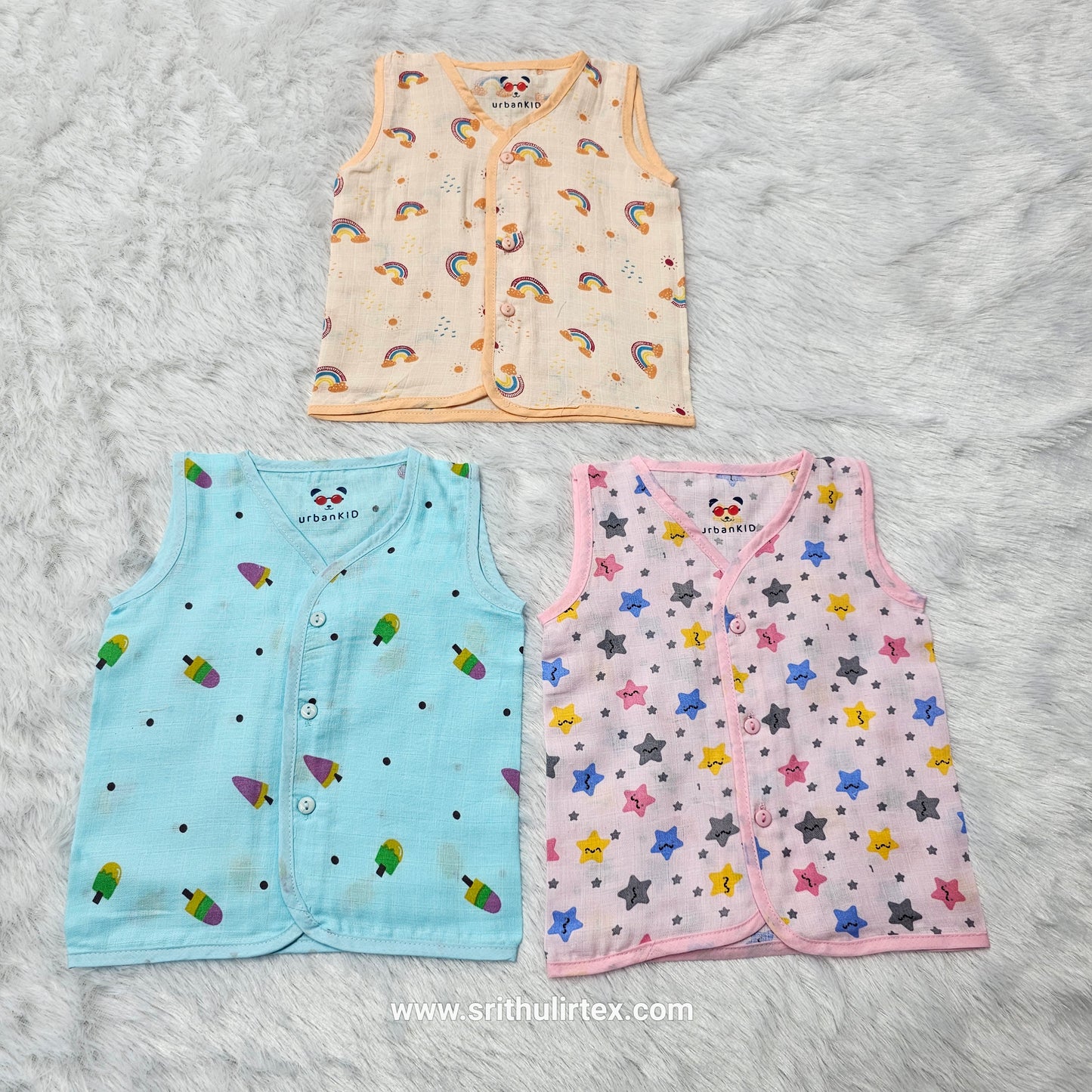 Baby Muslin Button Type Jabla – Multi Printed (Pack of 3) | 0–3M & 6–12M | Sri Thulir Tex