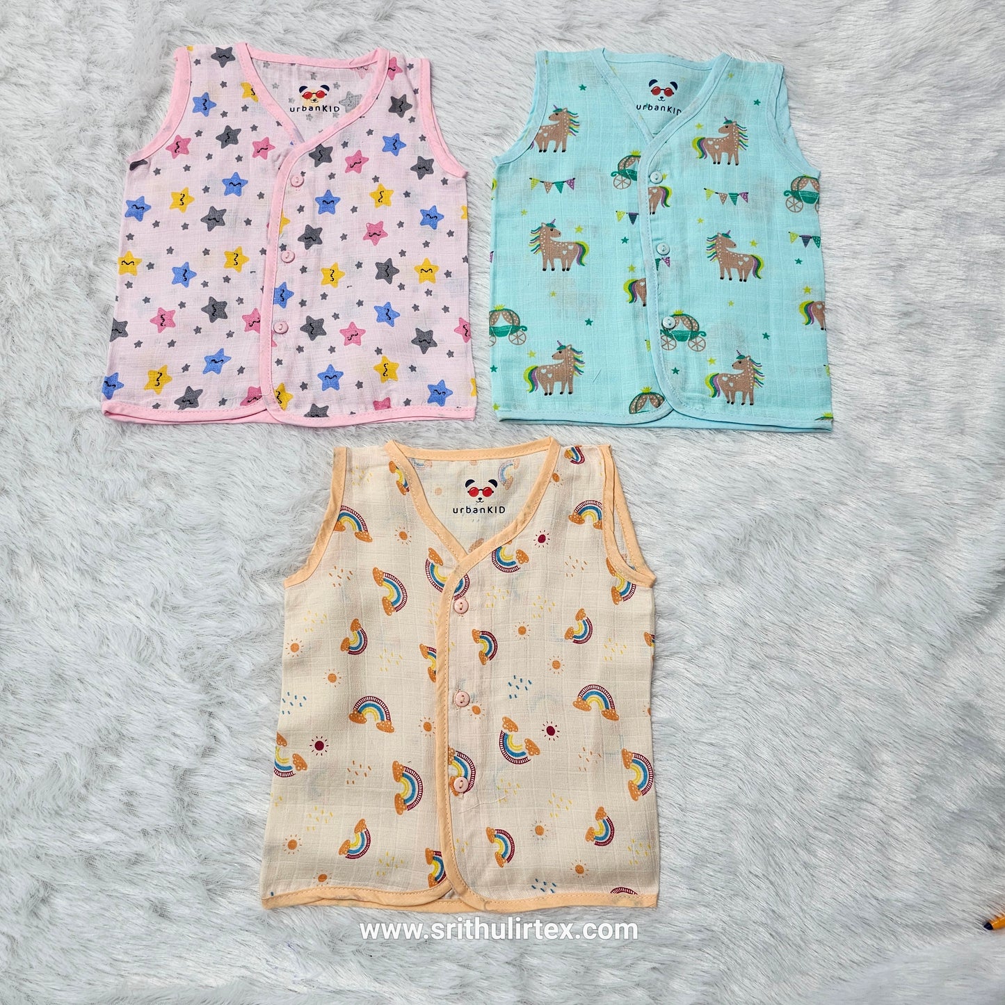 Baby Muslin Button Type Jabla – Multi Printed (Pack of 3) | 0–3M & 6–12M | Sri Thulir Tex