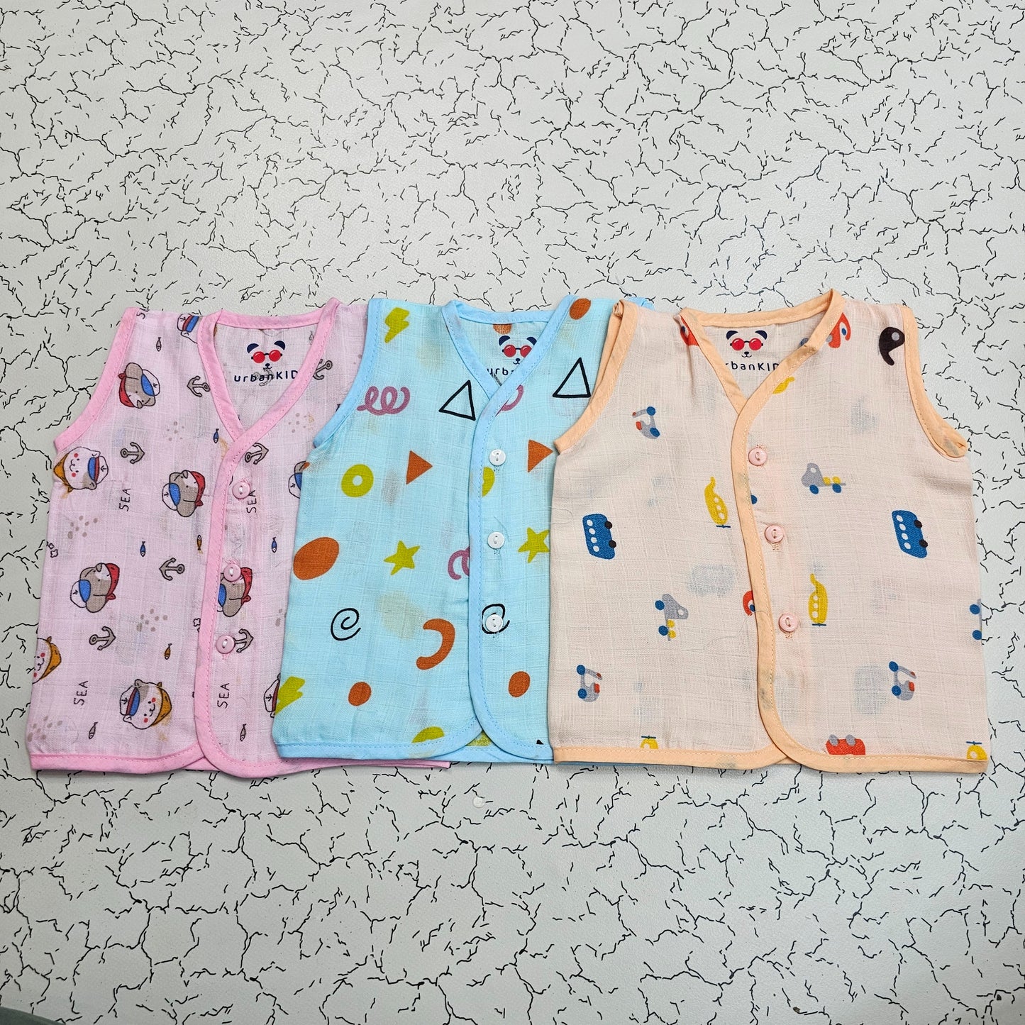 Baby Muslin Button Type Jabla – Multi Printed (Pack of 3) | 0–3M & 6–12M | Sri Thulir Tex