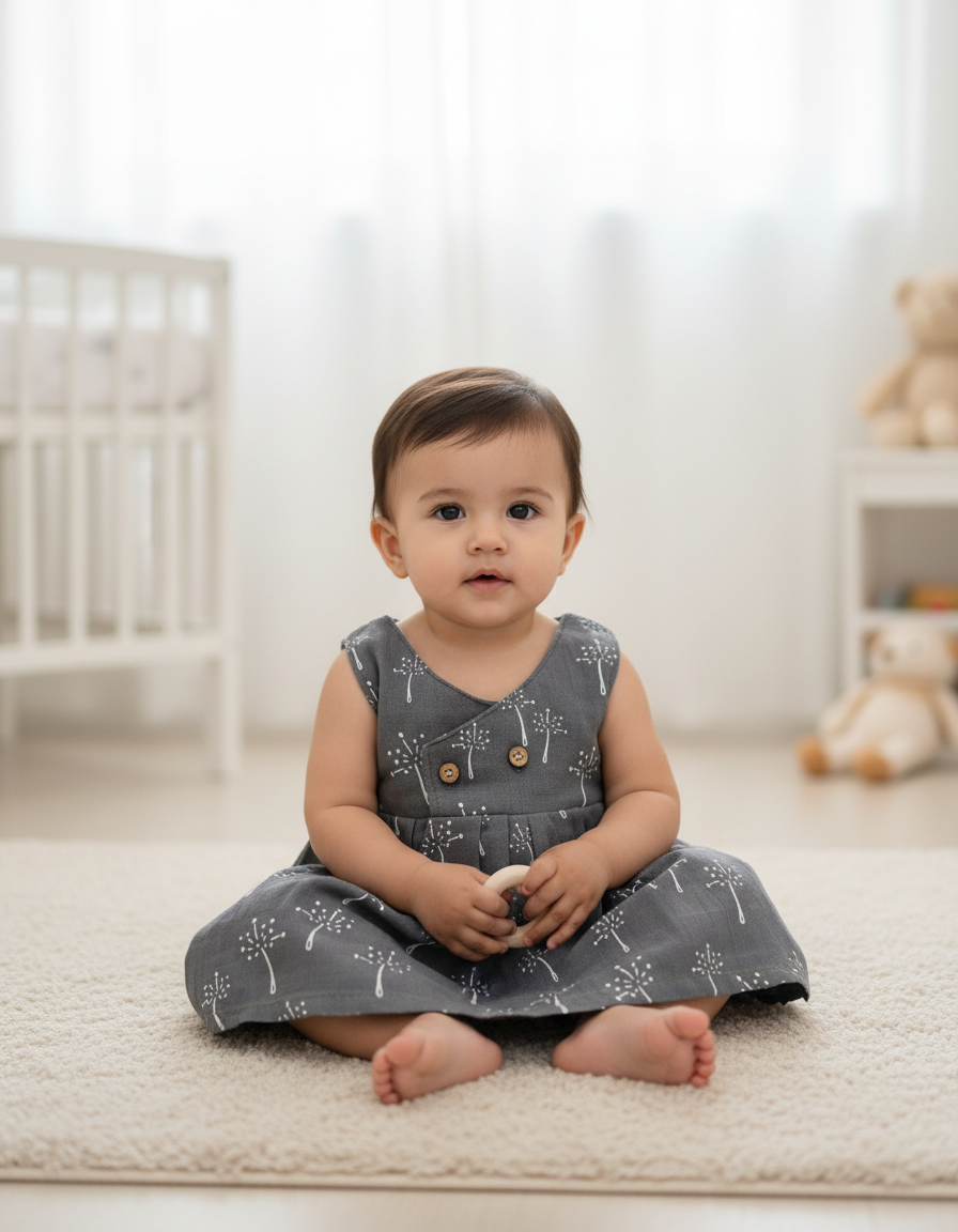 Dark grey muslin baby jabla frock with white multi print and wooden buttons for 0–6 months.