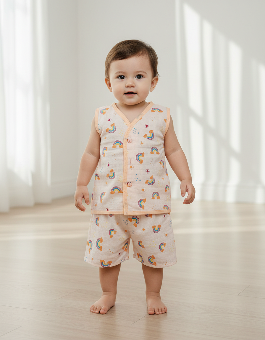 Muslin jabla shirt and shorts set with colorful ice cream print for babies aged 6 months to 1 year.