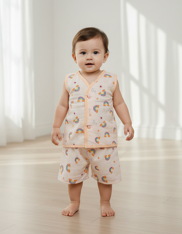 Muslin jabla shirt and shorts set with colorful ice cream print for babies aged 6 months to 1 year.