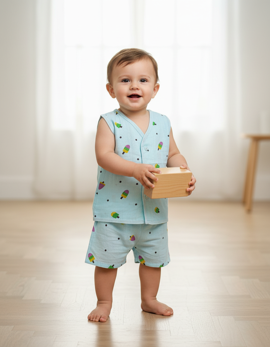 Muslin jabla shirt and shorts set with colorful ice cream print for babies aged 6 months to 1 year.