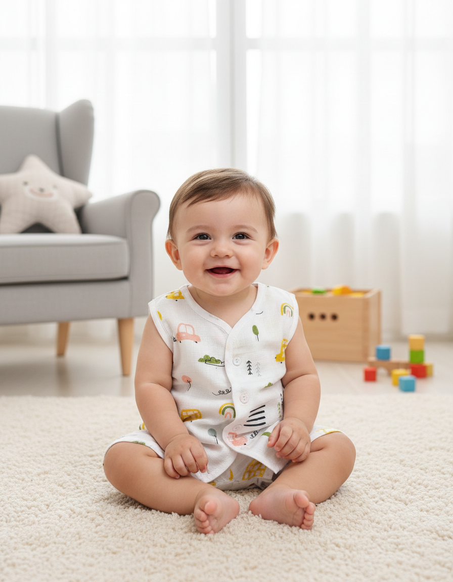 Smiling baby wearing a white multi printed muslin jabla shirt and shorts set, standing outdoors in a garden.
