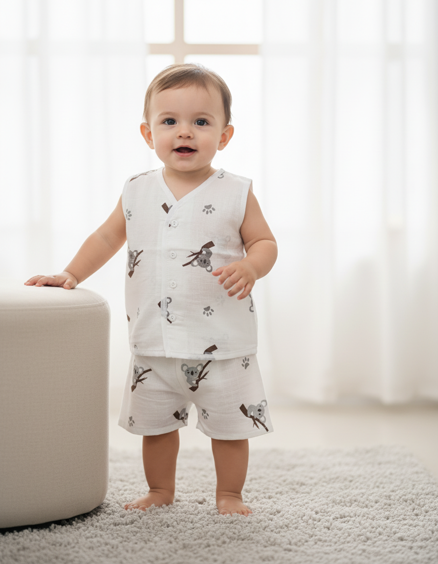 Smiling baby wearing a white multi printed muslin jabla shirt and shorts set, standing outdoors in a garden.
