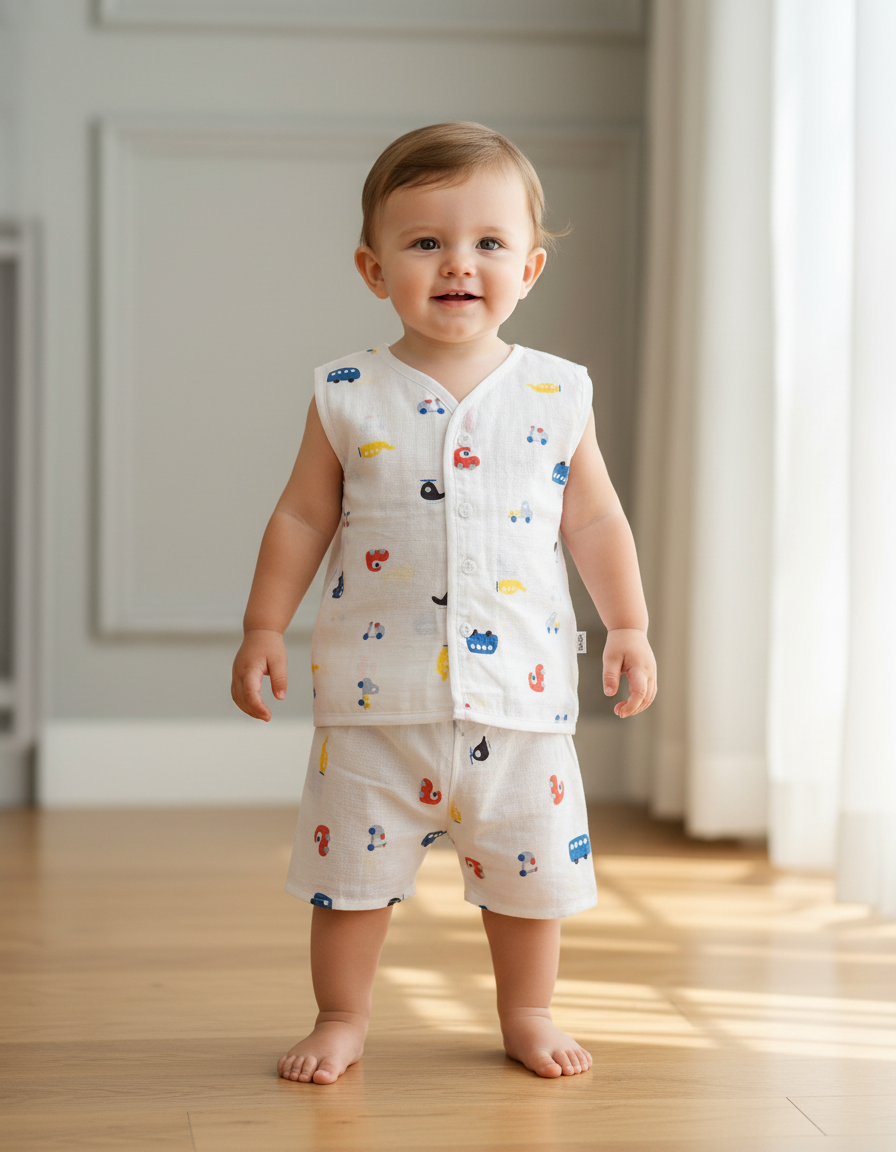 Smiling baby wearing a white multi printed muslin jabla shirt and shorts set, standing outdoors in a garden.
