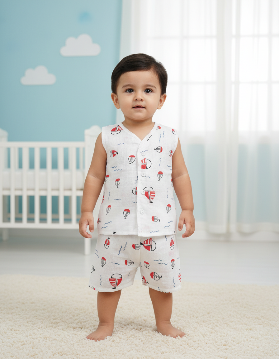 Smiling baby wearing a white multi printed muslin jabla shirt and shorts set, standing outdoors in a garden.