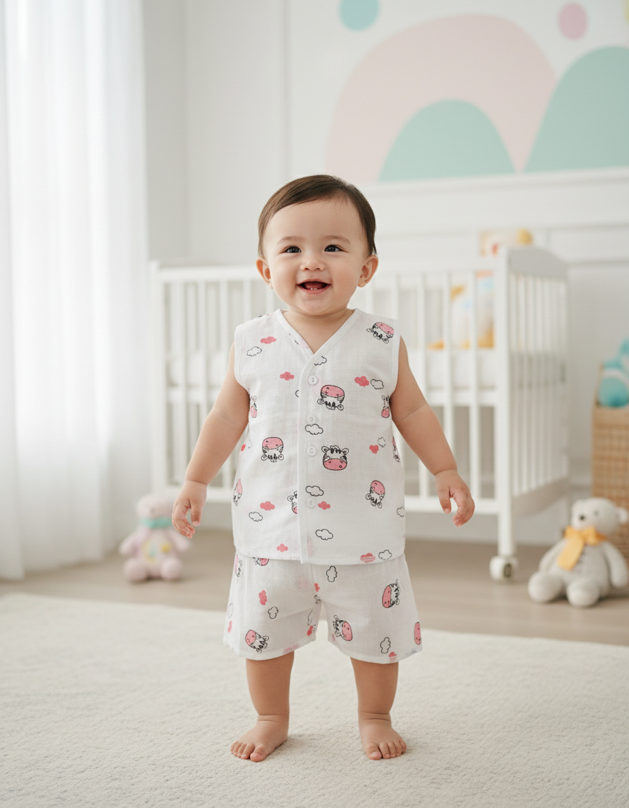 Smiling baby wearing a white multi printed muslin jabla shirt and shorts set, standing outdoors in a garden.