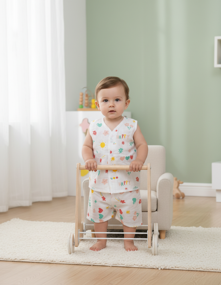 Smiling baby wearing a white multi printed muslin jabla shirt and shorts set, standing outdoors in a garden.