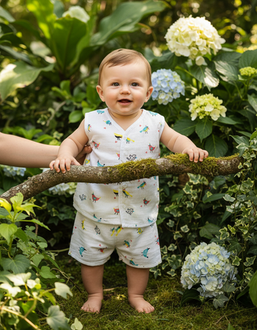 Smiling baby wearing a white multi printed muslin jabla shirt and shorts set, standing outdoors in a garden.