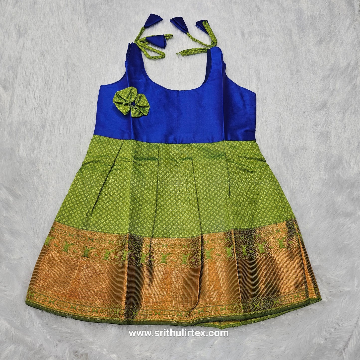 Baby frock with blue semi silk top and grey bridal silk skirt by Sri Thulir Tex