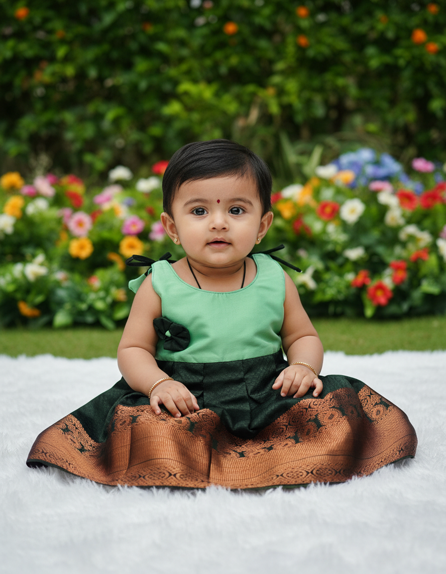 Baby frock with blue semi silk top and grey bridal silk skirt by Sri Thulir Tex