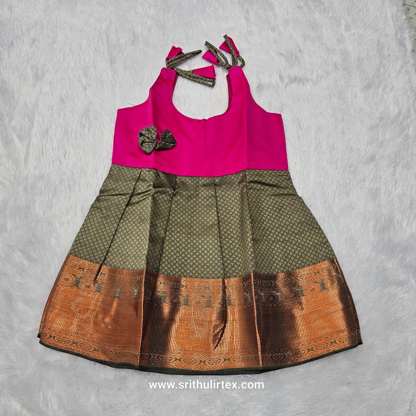 Baby frock with blue semi silk top and grey bridal silk skirt by Sri Thulir Tex