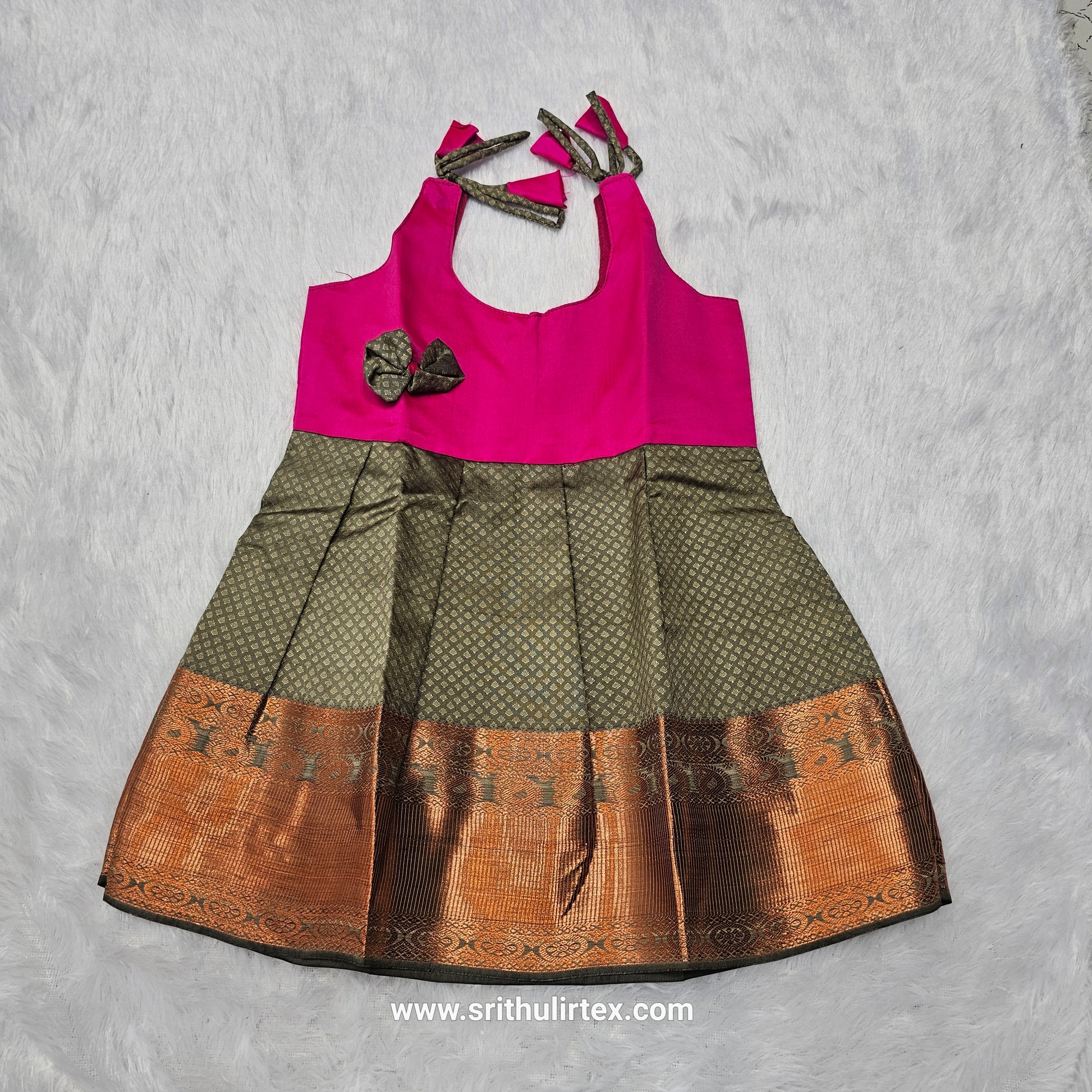 Baby frock with blue semi silk top and grey bridal silk skirt by Sri Thulir Tex