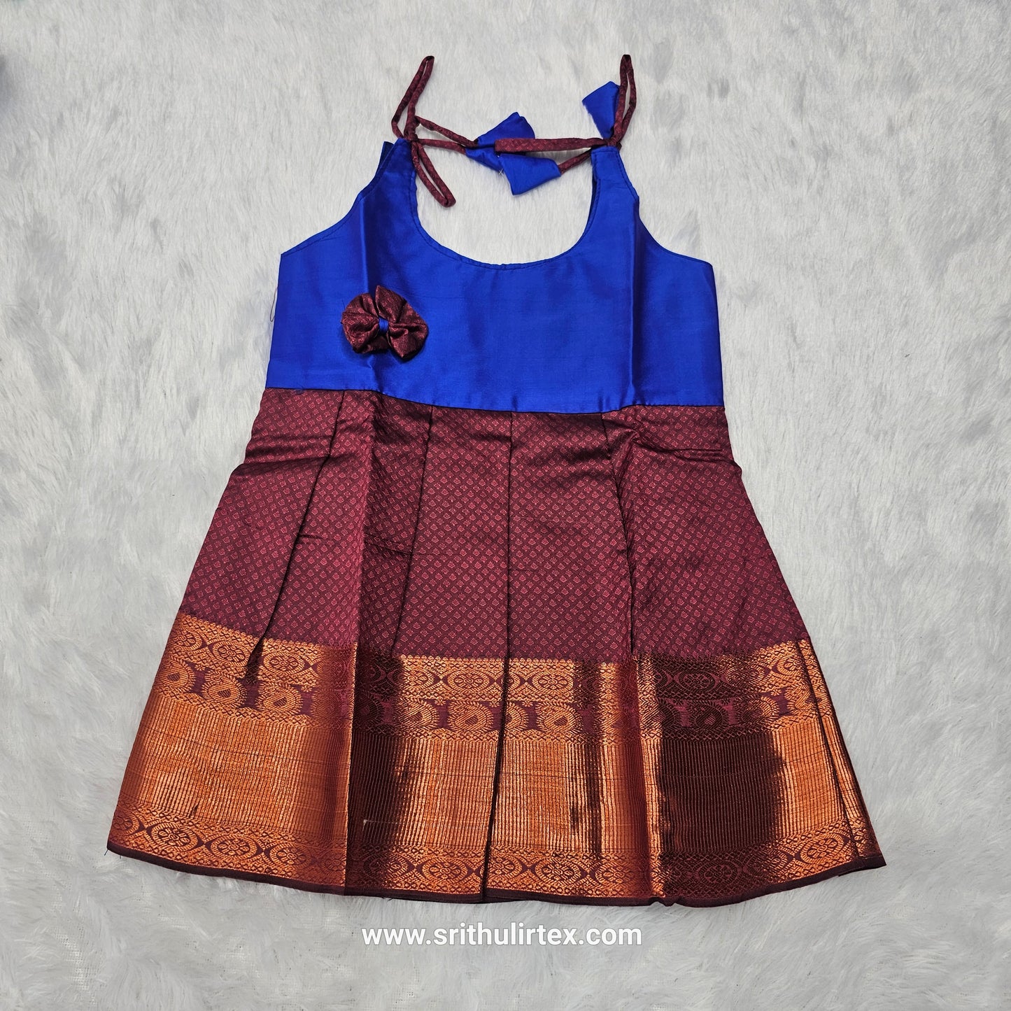 Baby frock with blue semi silk top and grey bridal silk skirt by Sri Thulir Tex