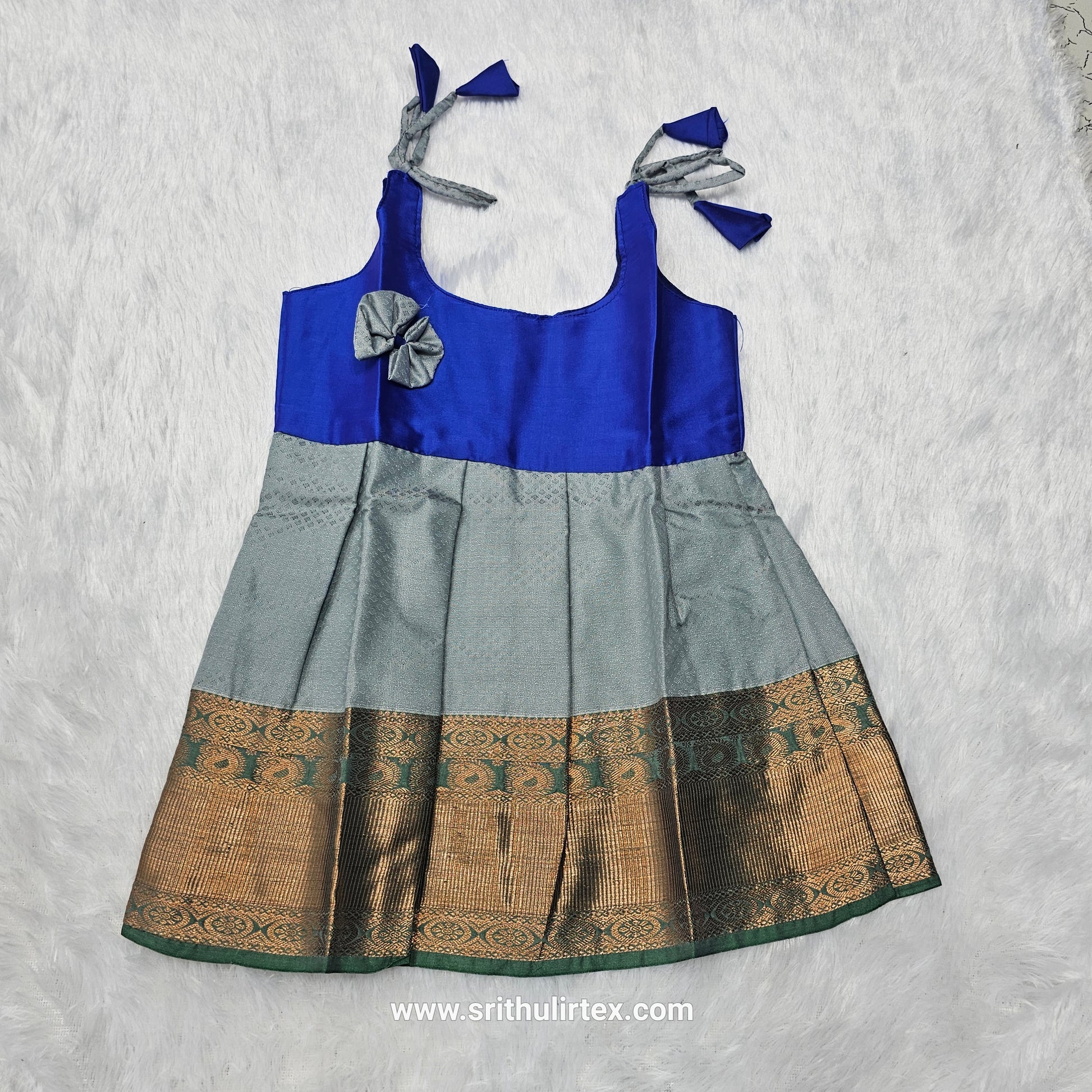 Baby frock with blue semi silk top and grey bridal silk skirt by Sri Thulir Tex