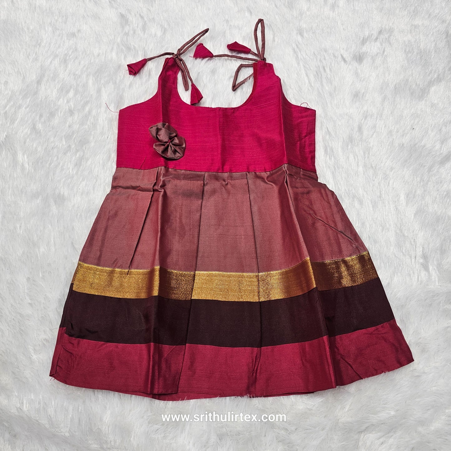 Pink top with green multicolour border silk baby frock by Sri Thulir Tex