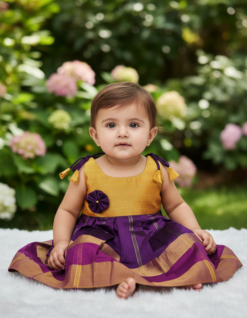 Pink top with green multicolour border silk baby frock by Sri Thulir Tex