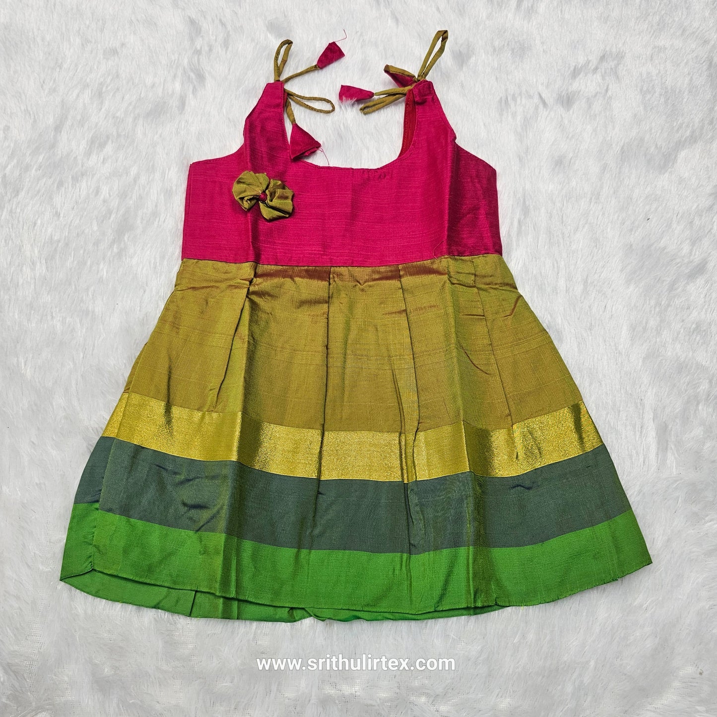 Pink top with green multicolour border silk baby frock by Sri Thulir Tex
