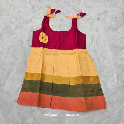 Pink top with green multicolour border silk baby frock by Sri Thulir Tex