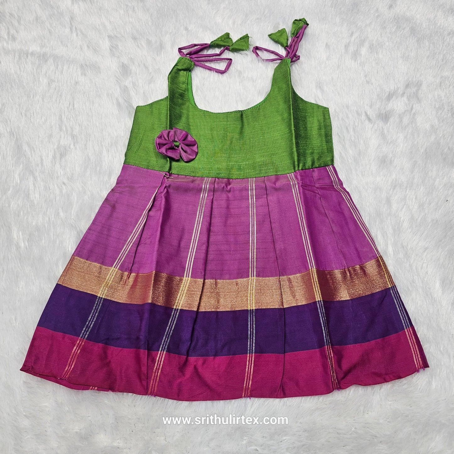 Pink top with green multicolour border silk baby frock by Sri Thulir Tex