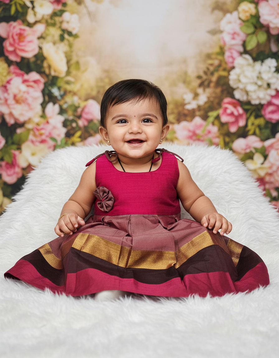 Pink top with green multicolour border silk baby frock by Sri Thulir Tex