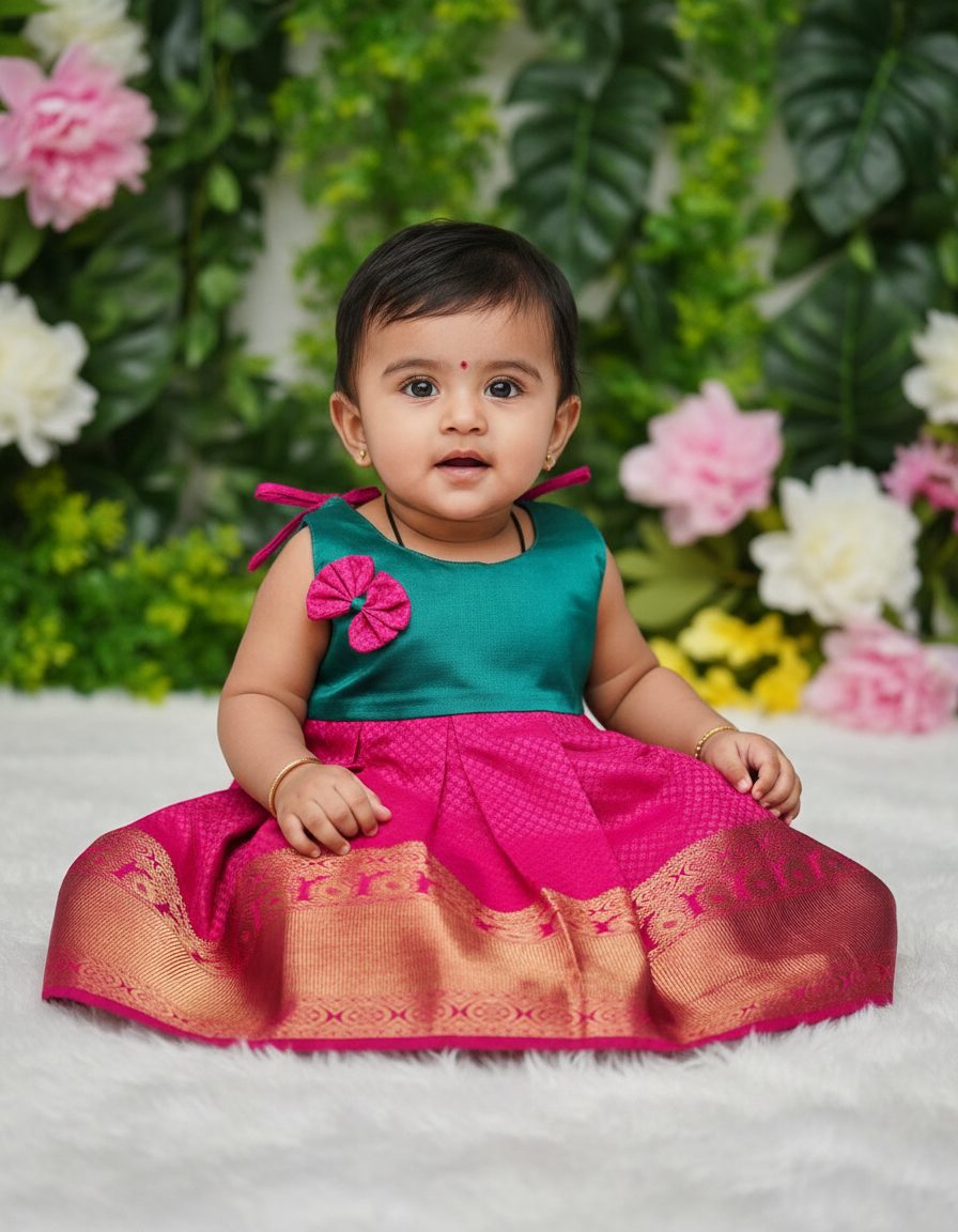 Pink top and green bridal silk baby frock with zari border by Sri Thulir Tex