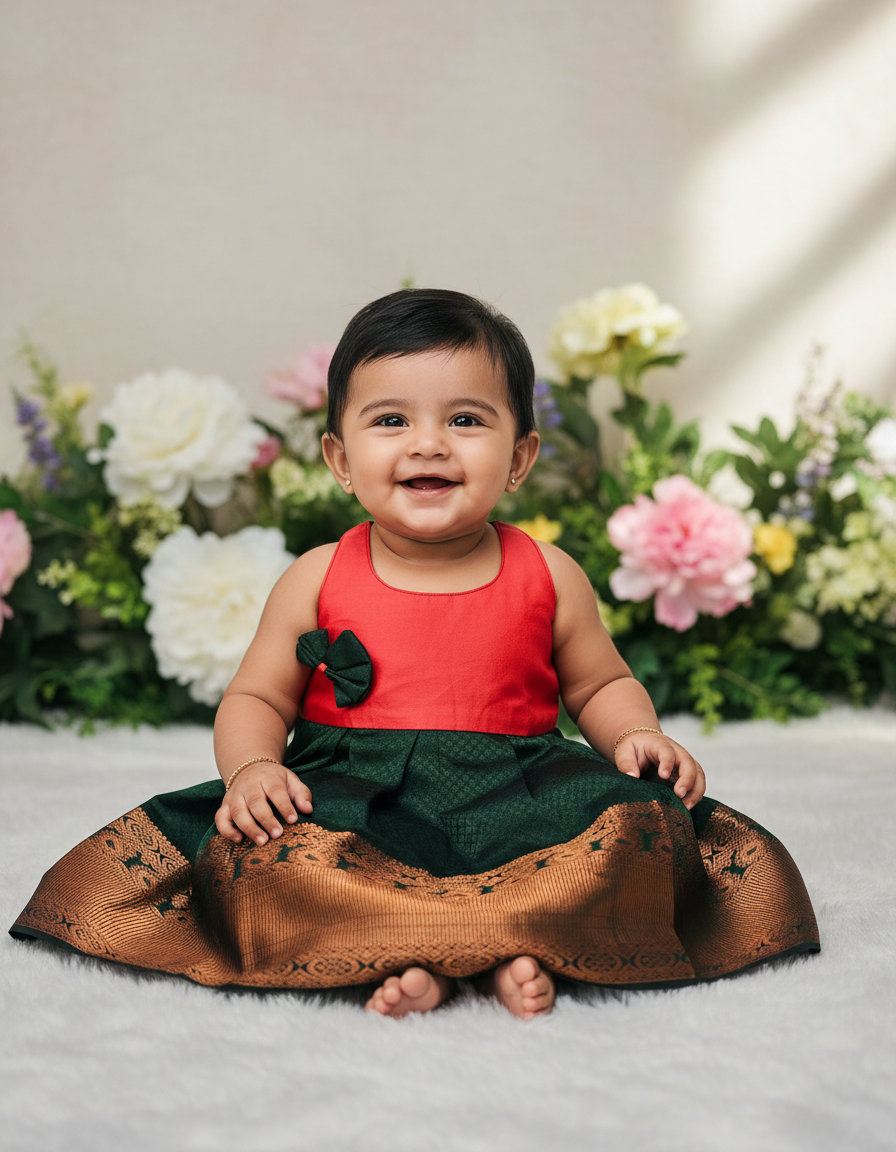 Pink top and green bridal silk baby frock with zari border by Sri Thulir Tex