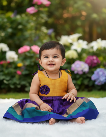 Pink top with teal and multicolour border silk baby frock by Sri Thulir Tex
