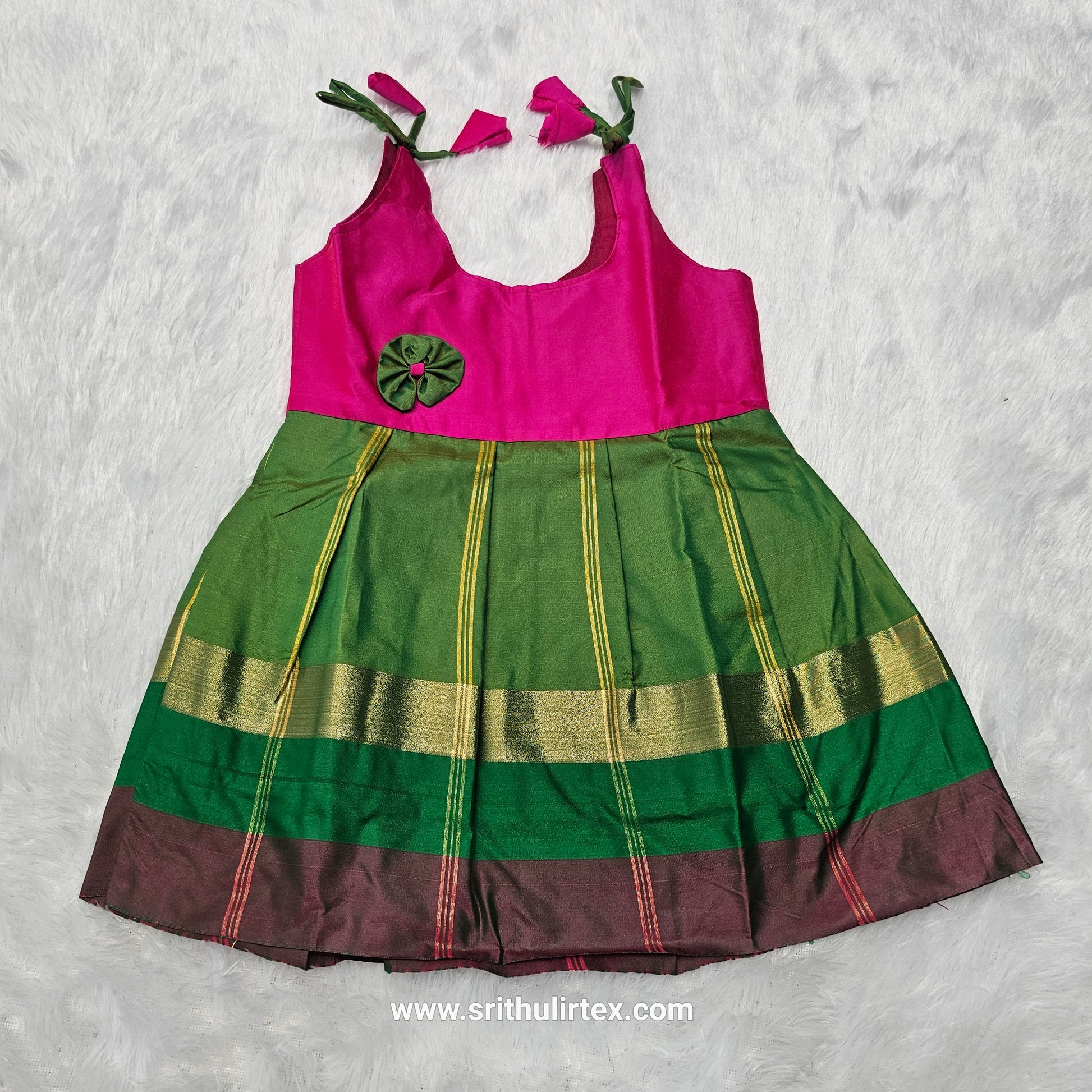 Pink top with teal and multicolour border silk baby frock by Sri Thulir Tex