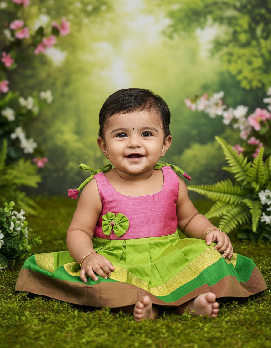 7 Month To 12 Month Baby Silk Frock Multi-Colour Border | Rope Type Design | Sri Thulir Tex (Batch-5)