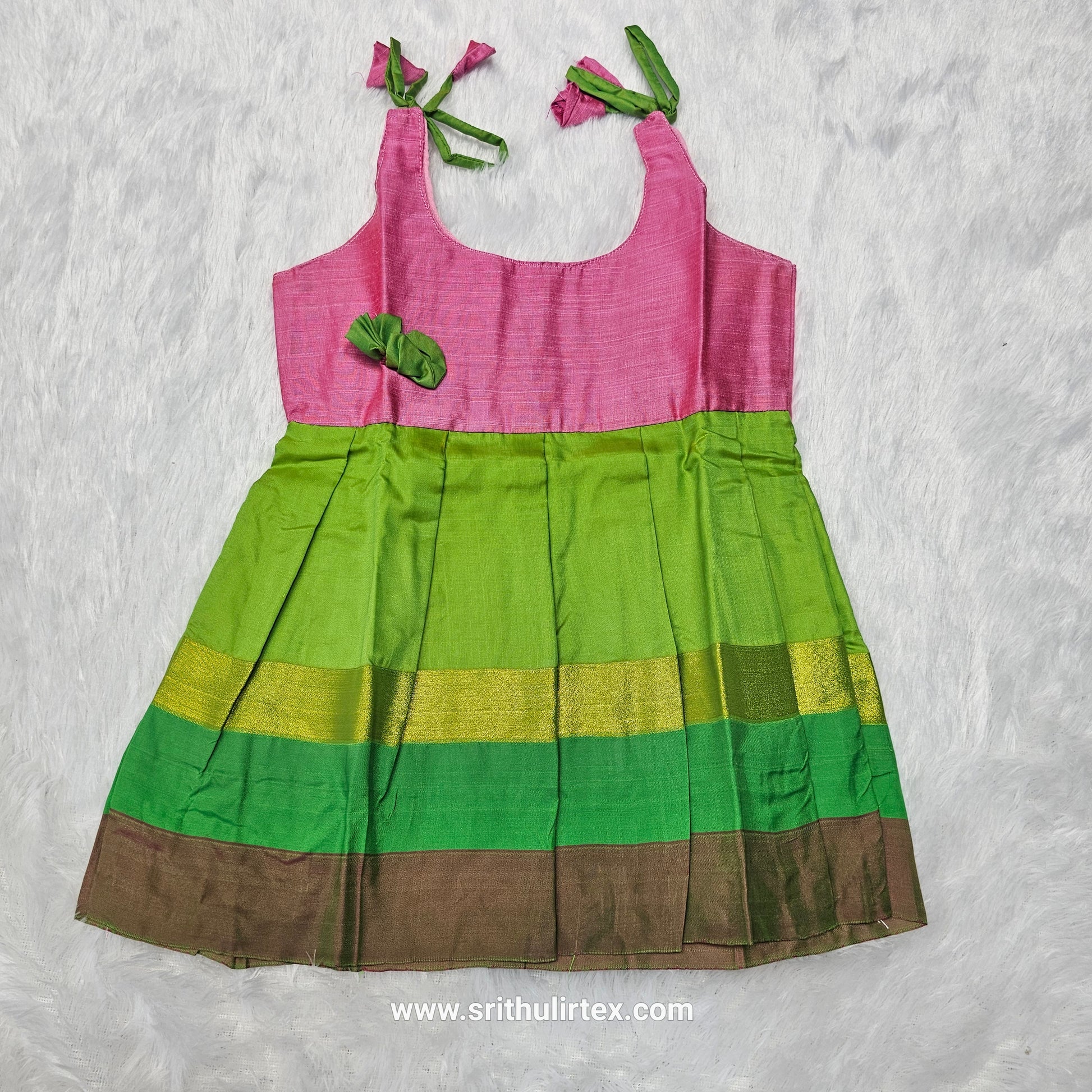 Pink top with teal and multicolour border silk baby frock by Sri Thulir Tex