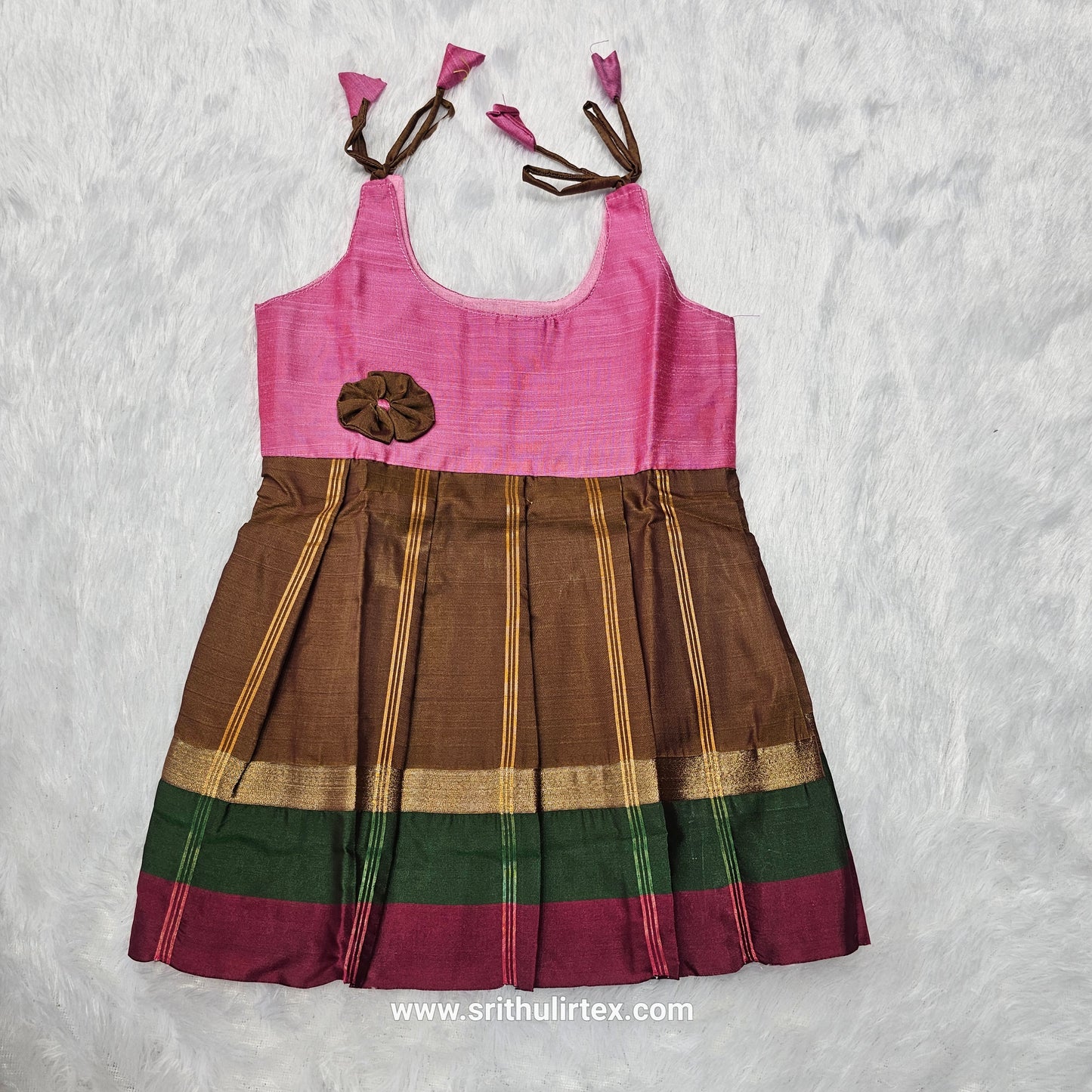 Pink top with teal and multicolour border silk baby frock by Sri Thulir Tex