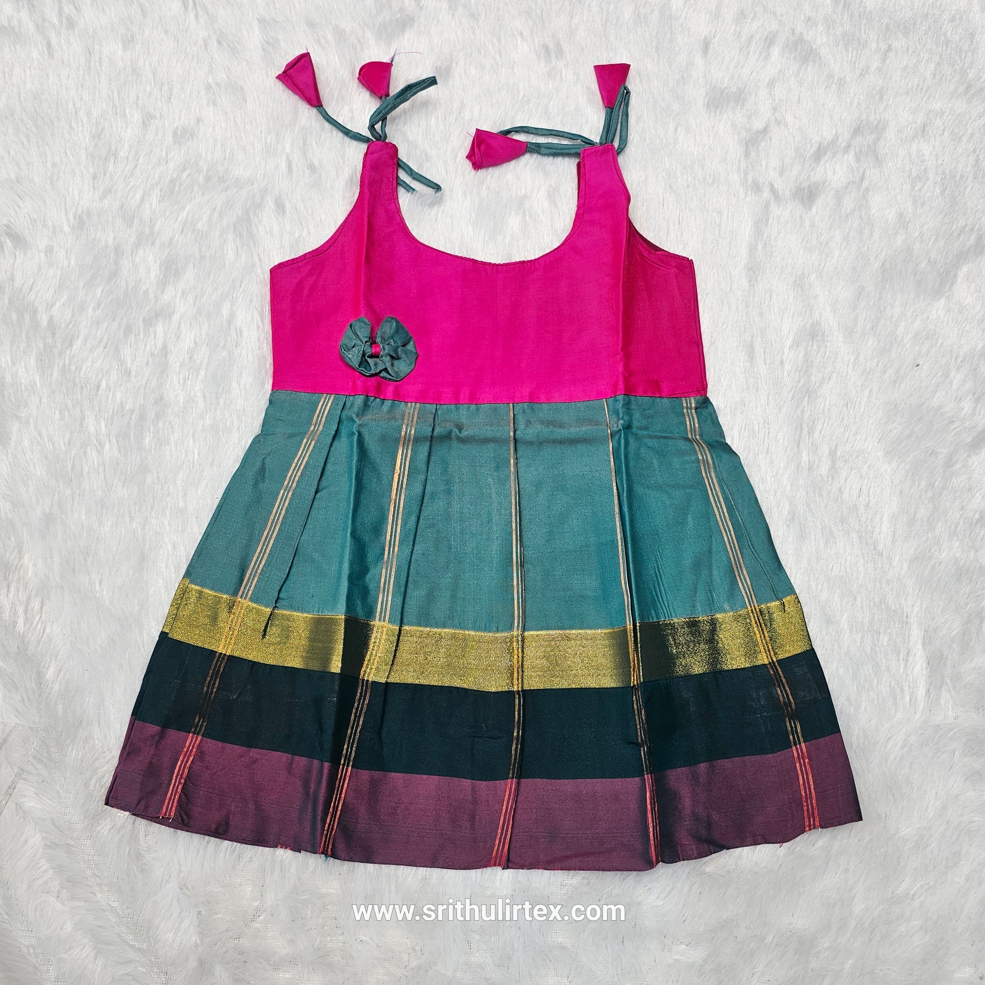 Pink top with teal and multicolour border silk baby frock by Sri Thulir Tex