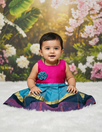 7 Month To 12 Month Baby Silk Frock Multi-Colour Border | Rope Type Design | Sri Thulir Tex (Batch-1)
