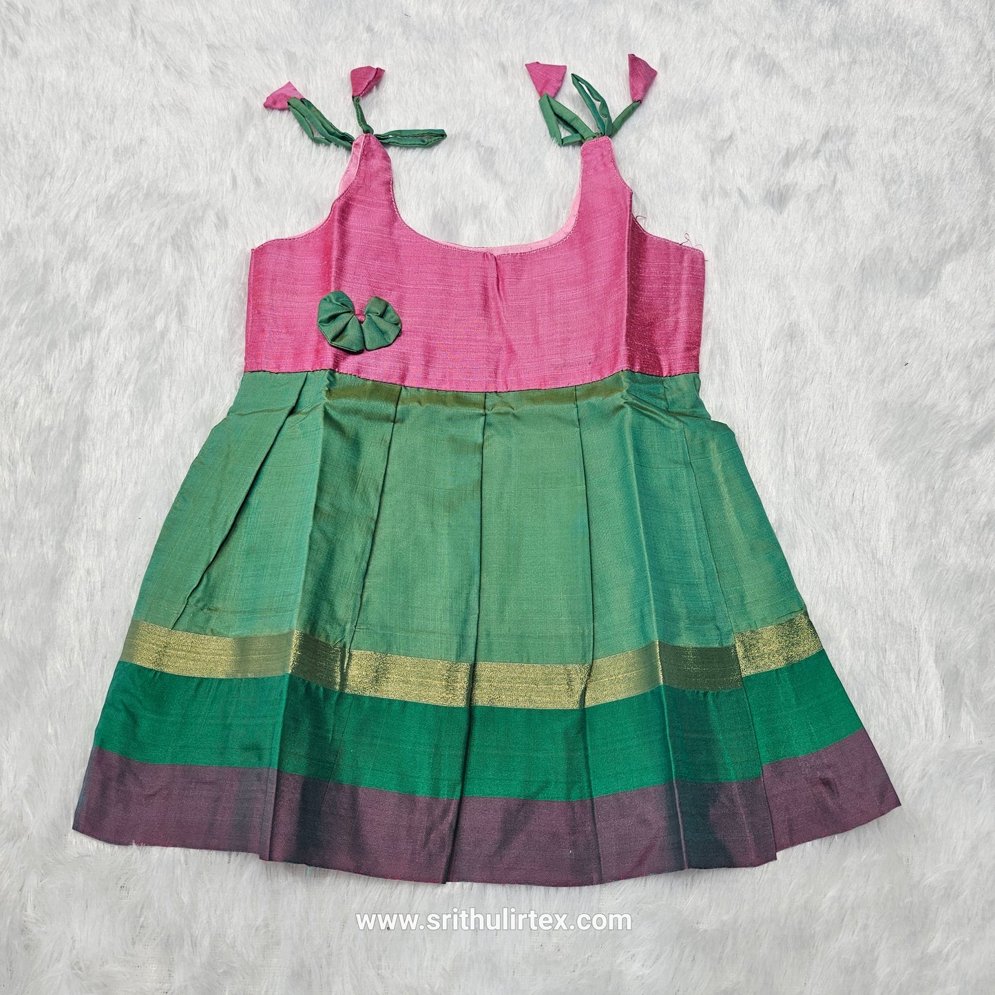 Pink top with teal and multicolour border silk baby frock by Sri Thulir Tex