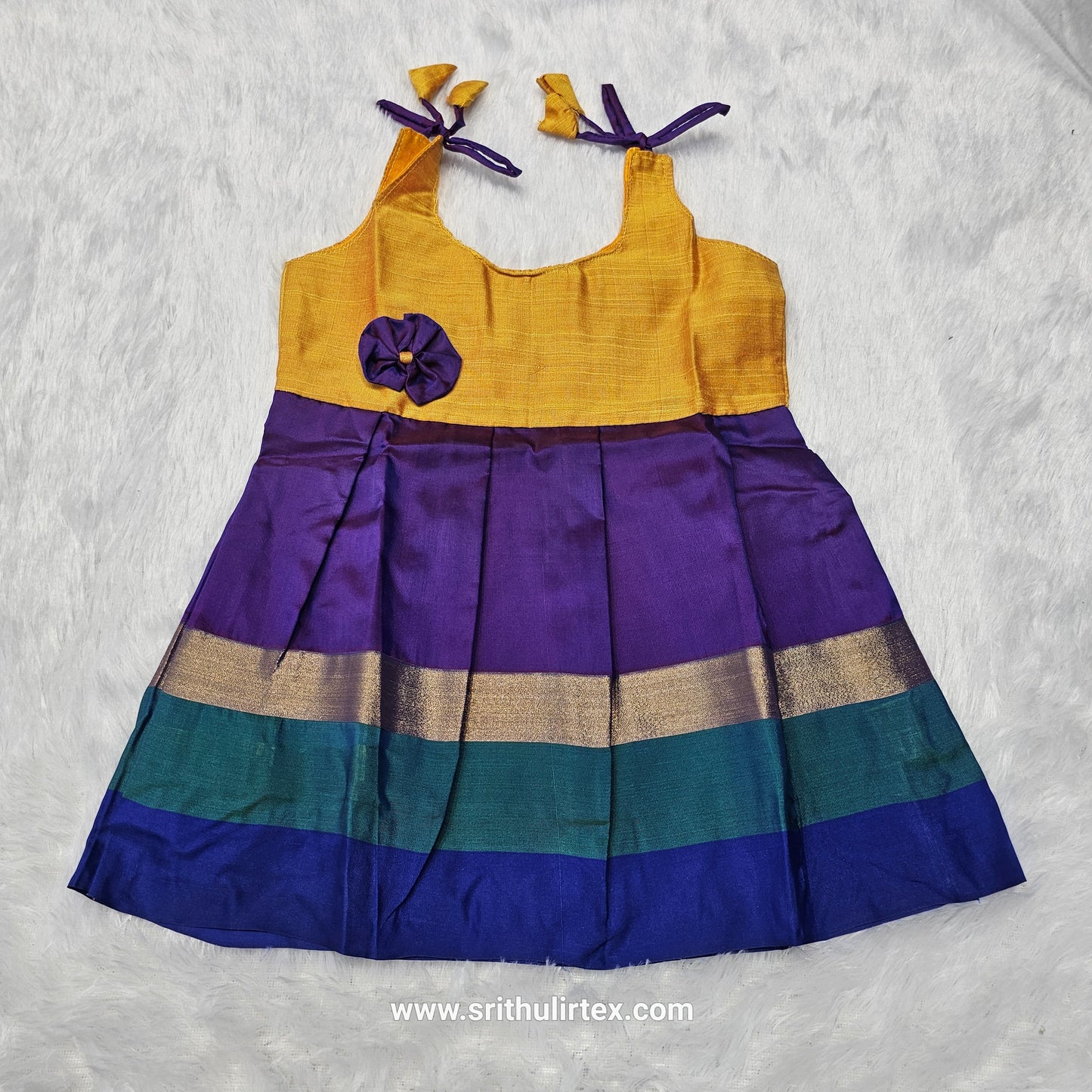 Pink top with teal and multicolour border silk baby frock by Sri Thulir Tex