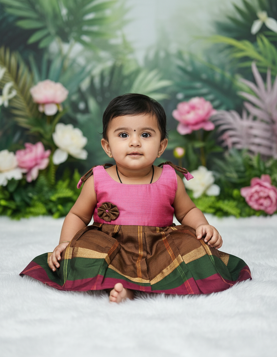 Pink top with teal and multicolour border silk baby frock by Sri Thulir Tex