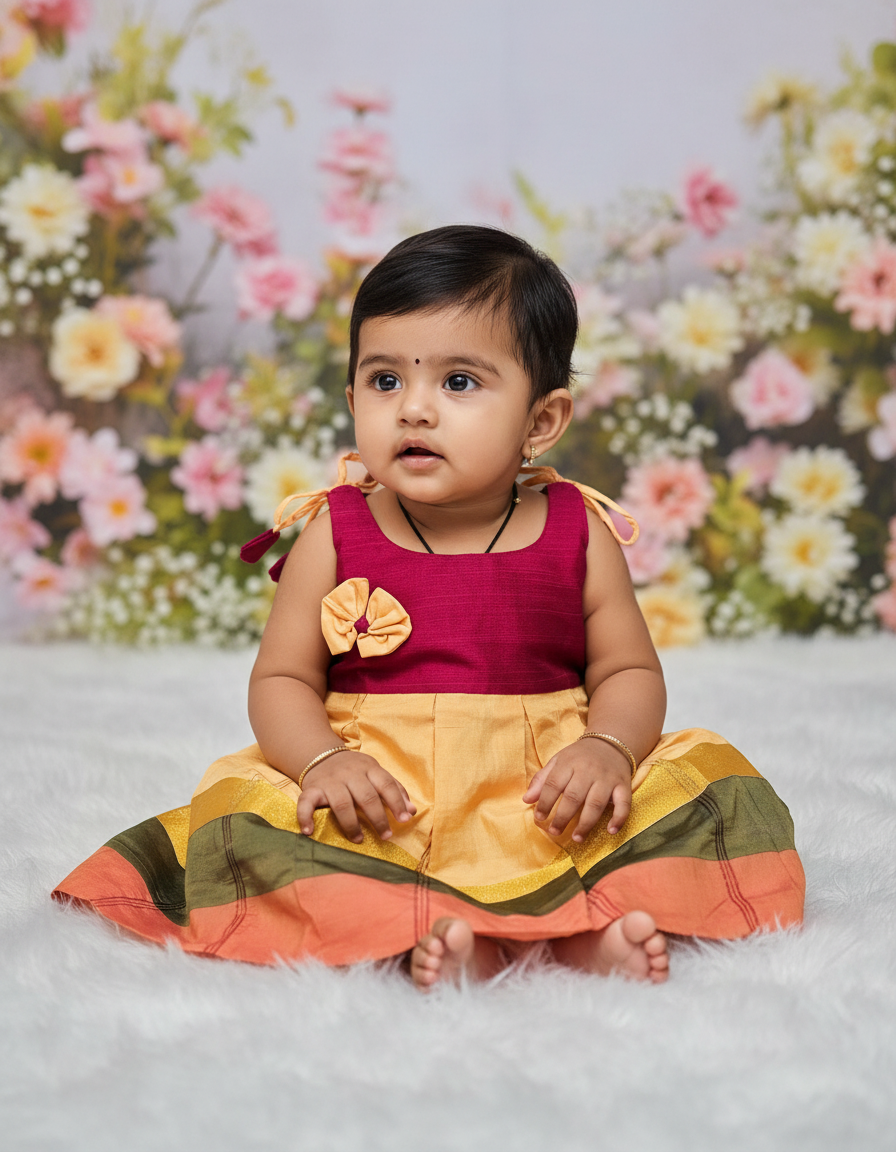 7 Month To 12 Month Baby Silk Frock Multi-Colour Border | Rope Type Design | Sri Thulir Tex (Batch-7)