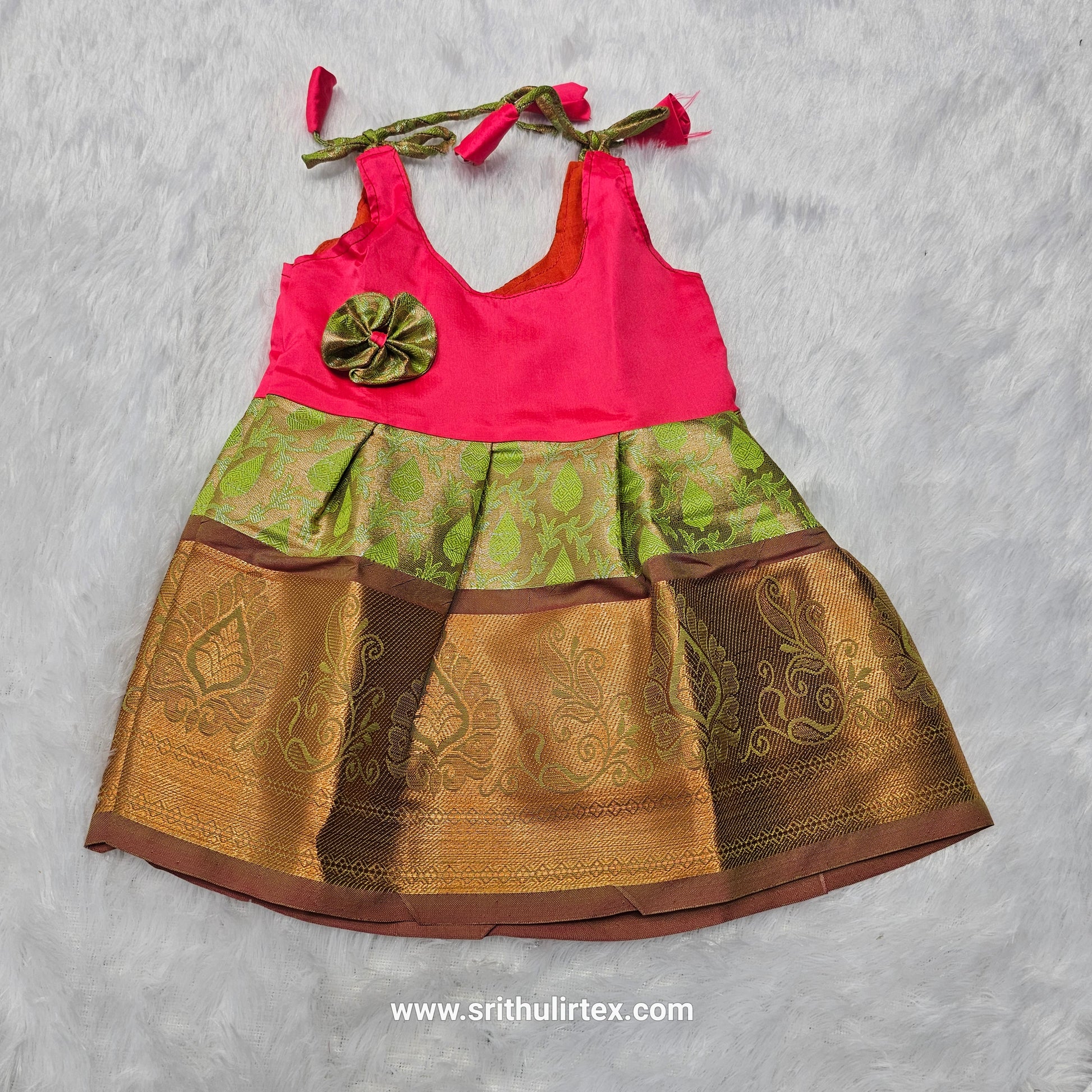 Baby silk frock with purple semi silk top and gold bridal silk skirt by Sri Thulir Tex