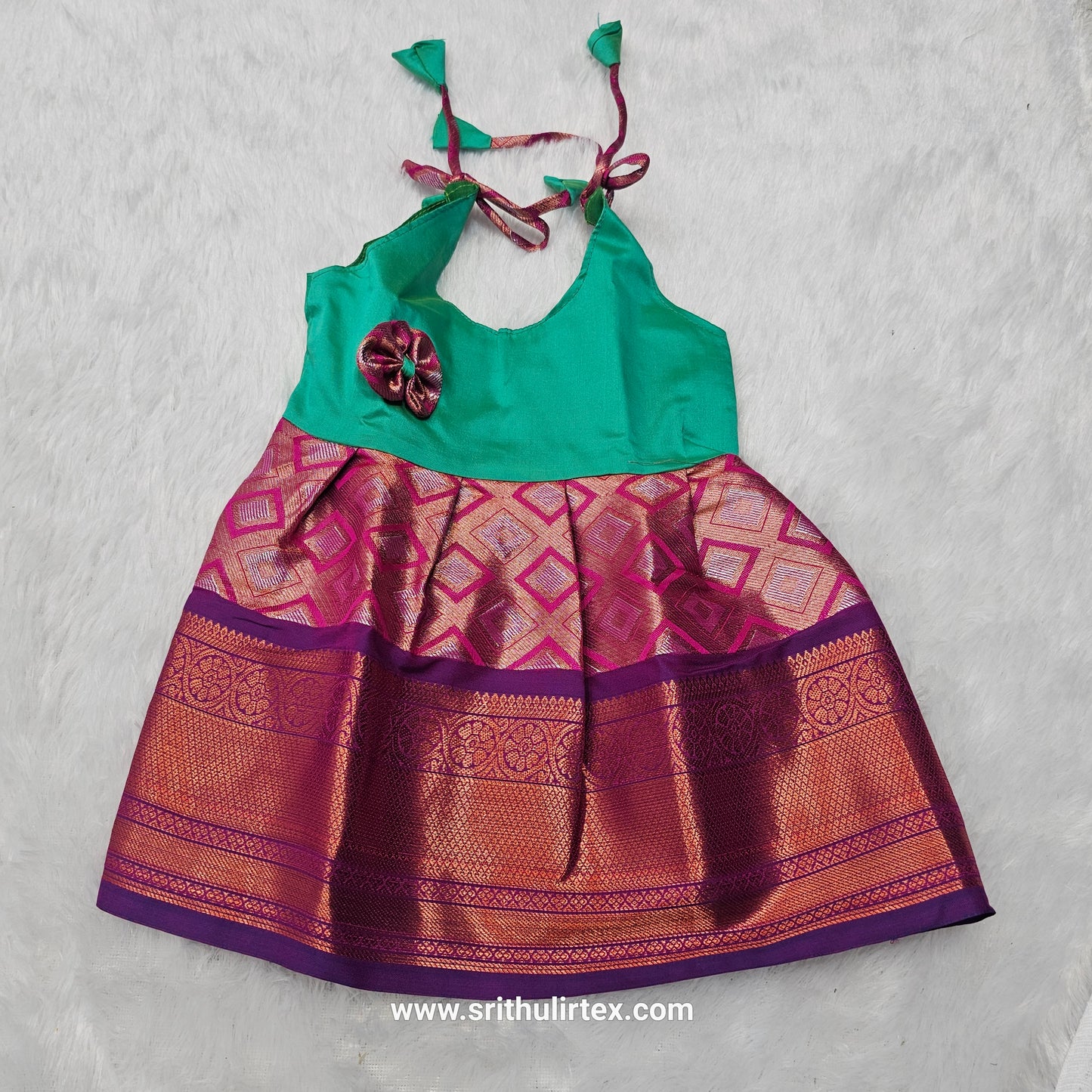 Baby silk frock with purple semi silk top and gold bridal silk skirt by Sri Thulir Tex